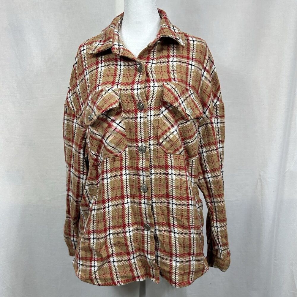 SHEIN Womens Large Plaid Shacket Red Brown Oversized Cottagecore Fall Jacket